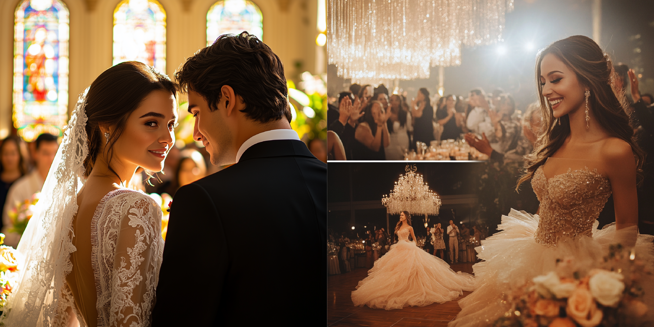 Imagem dos noivos entrando no casamento e uma debutante feliz em sua festa de 15 anos