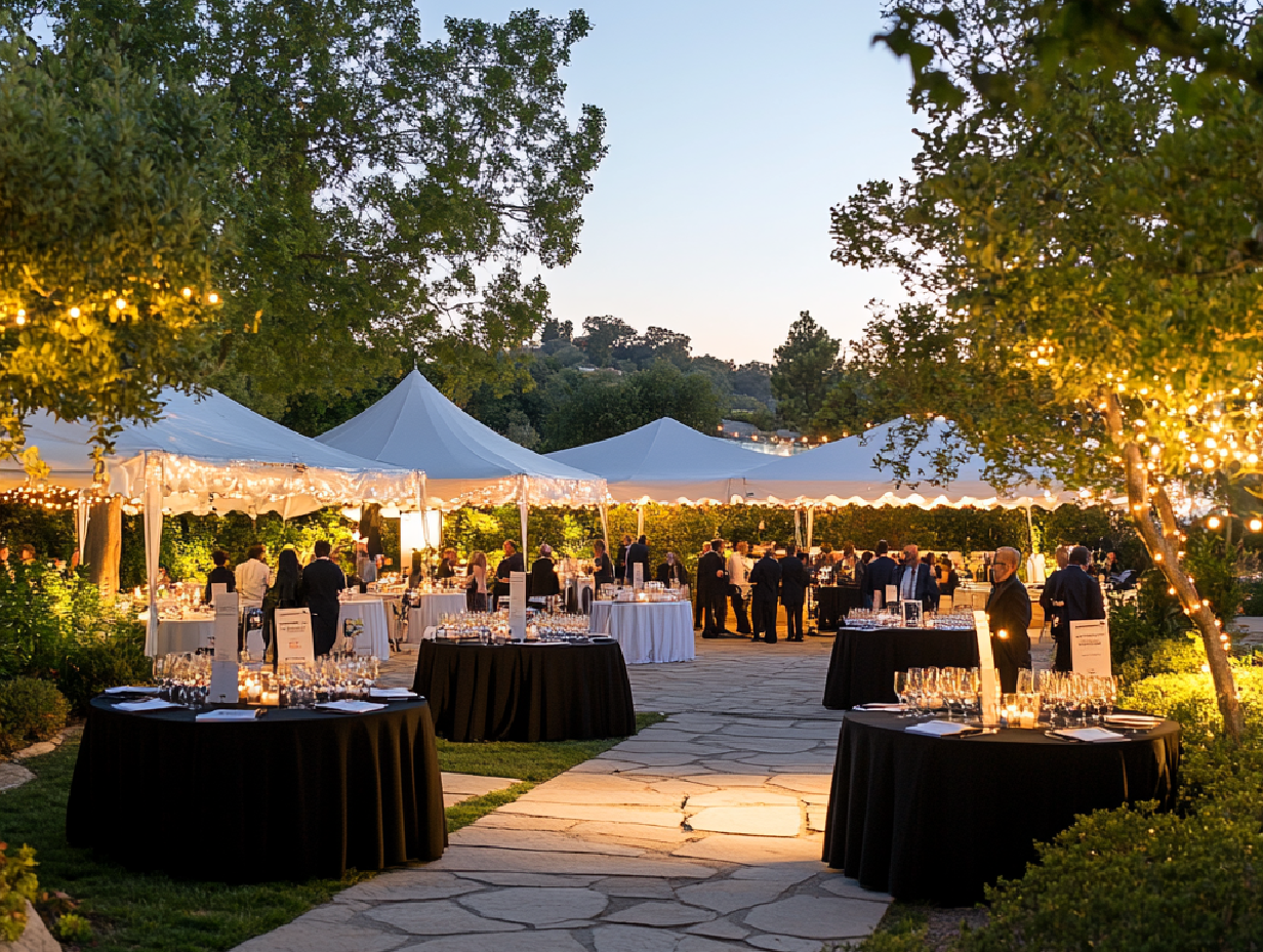 Evento corporativo ao ar livre, com decoração floral elegante, iluminação ambiente e profissionais de negócios conversando em um ambiente sofisticado