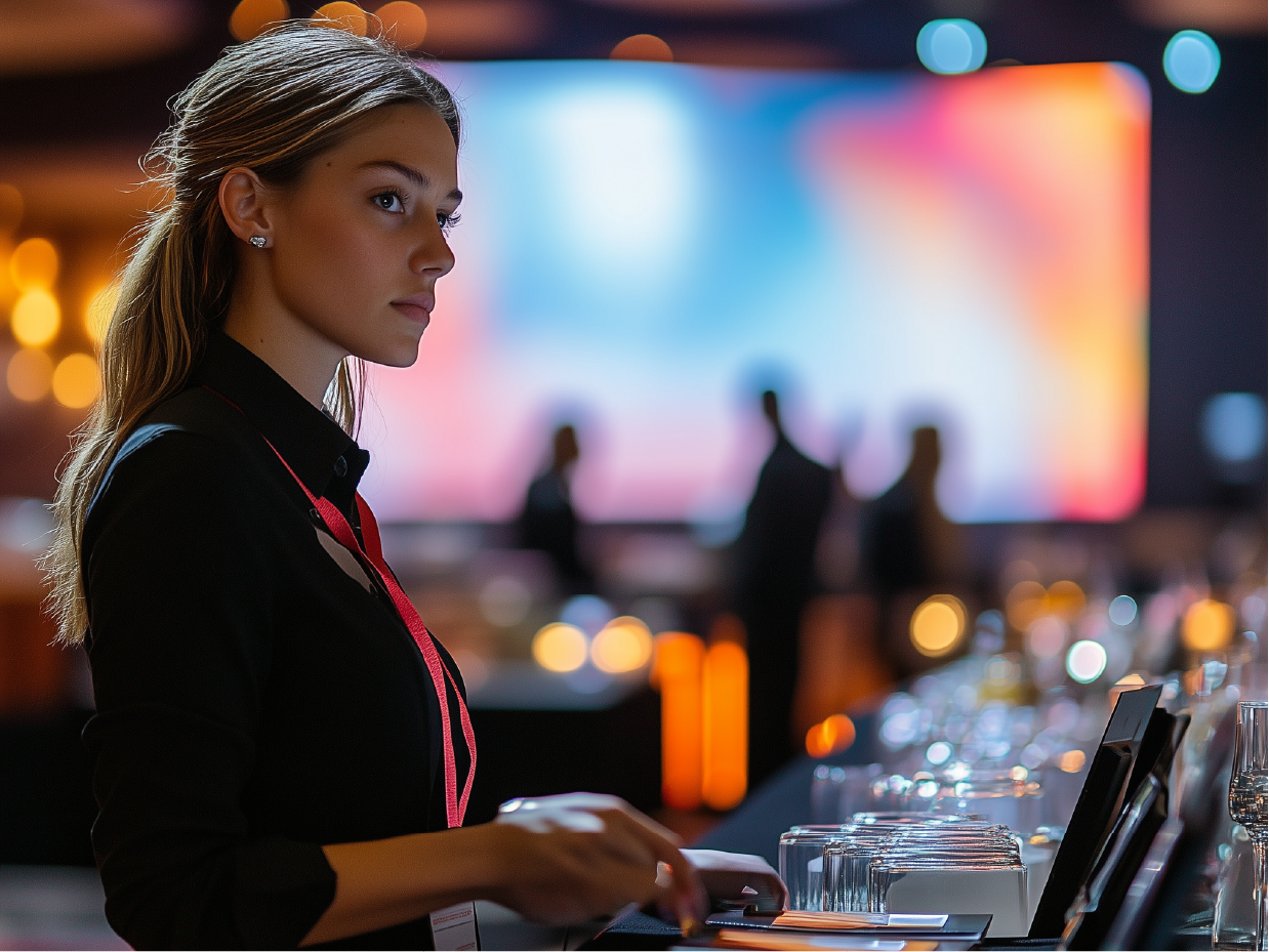 Evento corporativo em auditório fechado, com uma profissional da MJC servindo bebidas aos convidados em um ambiente formal e bem organizado