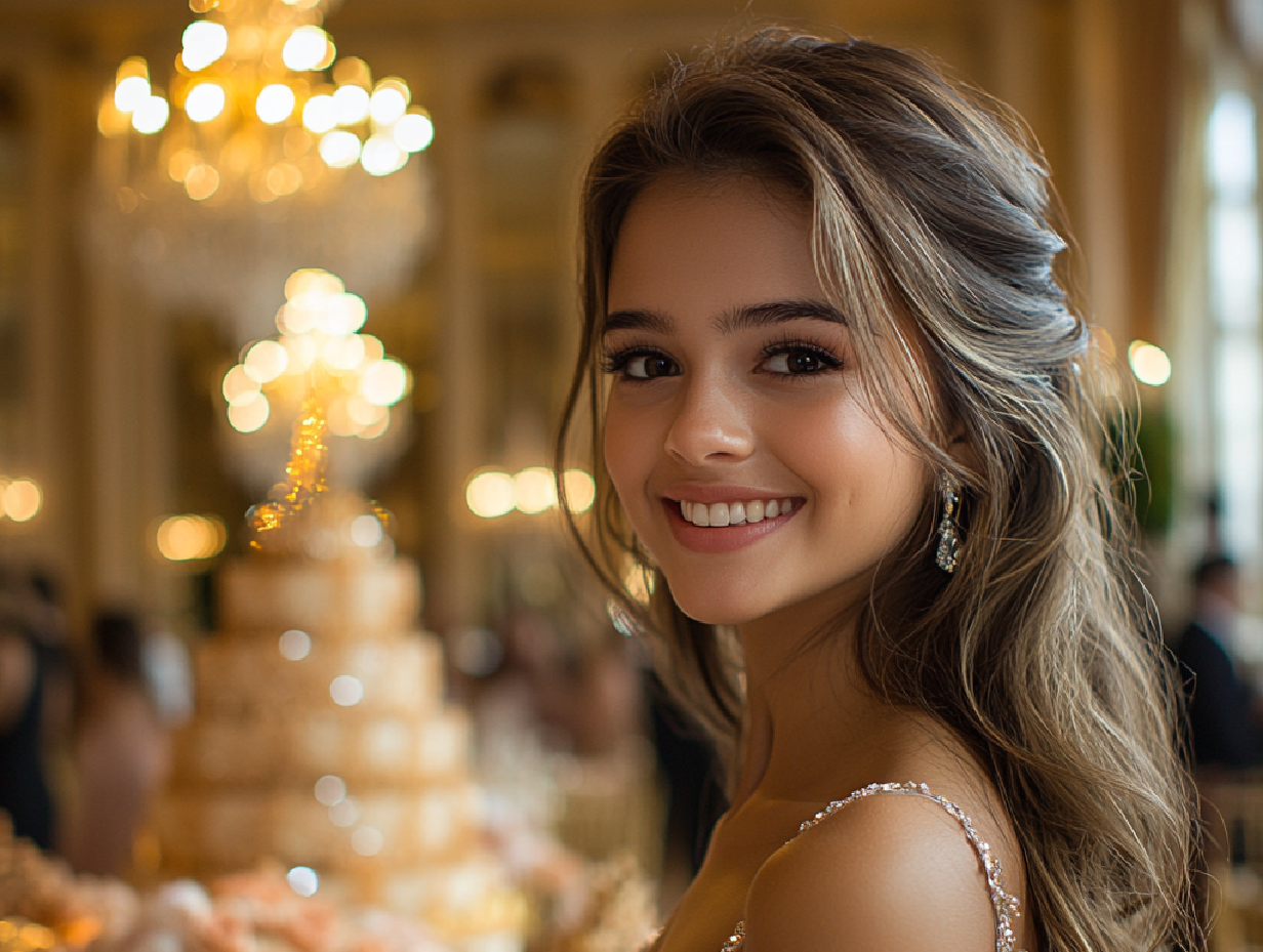 Imagem de uma debutante sorrindo em sua festa de 15 anos